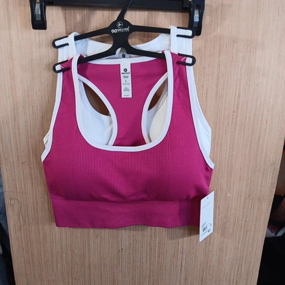 90 Degrees (L)‎ 2-Pack Rib Seamless Hailee Sports Bra Berry/White Removable Pads